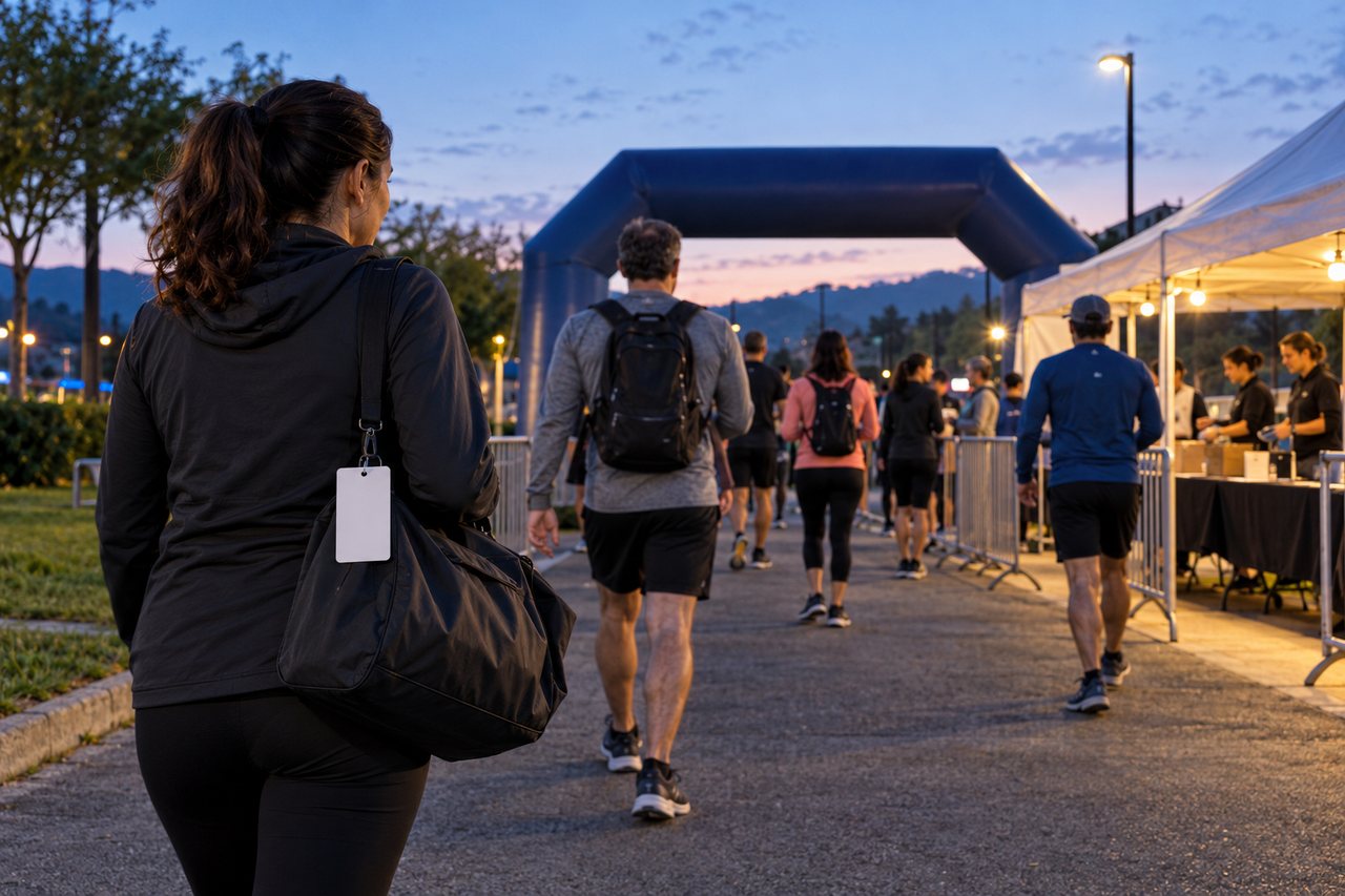 Adultos chegam a um pequeno evento de corrida ao amanhecer; uma participante carrega bolsa esportiva com passe sem identificação.